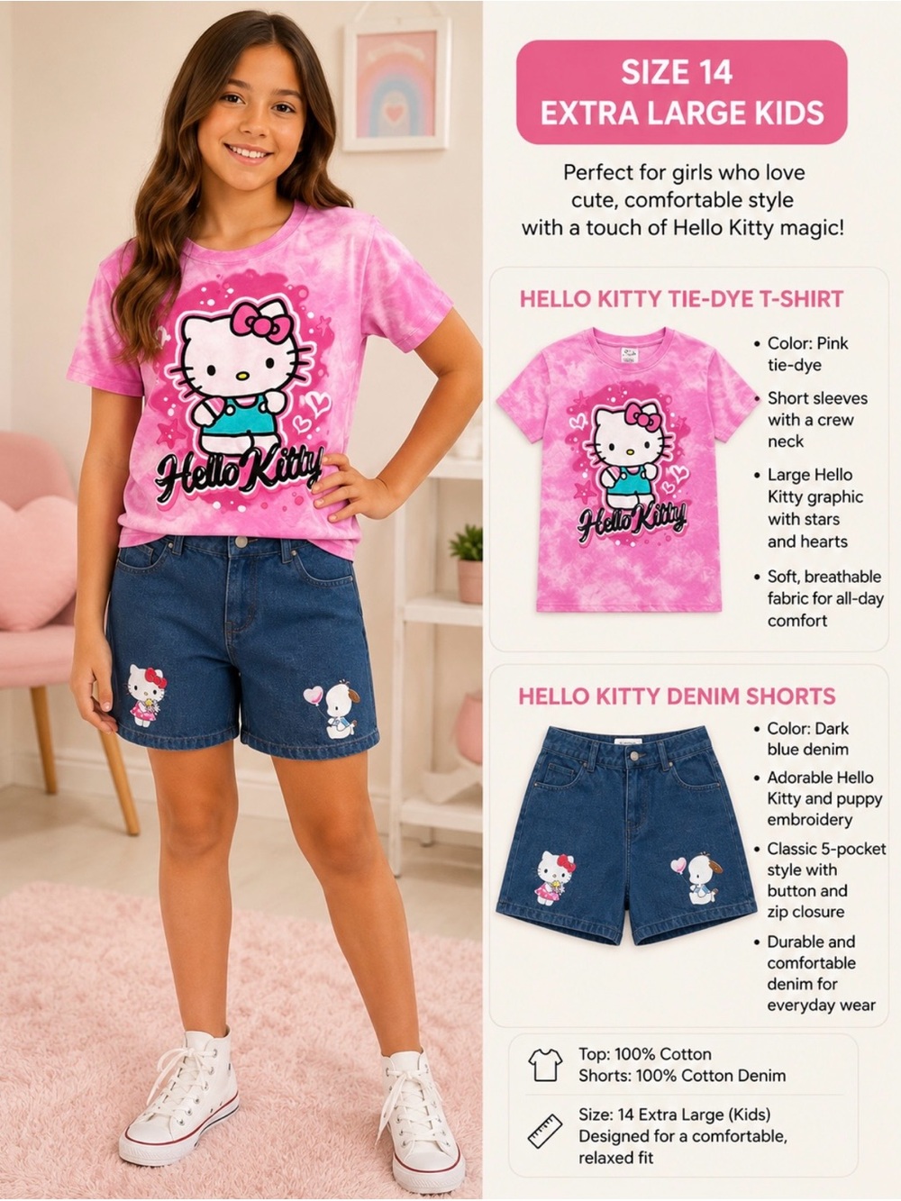 HELLO KITTY TIE-DYE T-SHIRT & HELLO KITTY DENIM SHORTS Sanrio Set  NWT